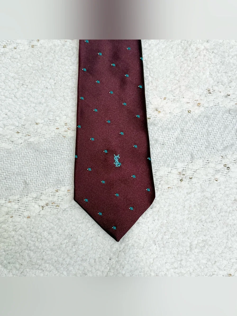YSL Yves Saint Laurent tie maroon, blue and white 100% silk neck tie